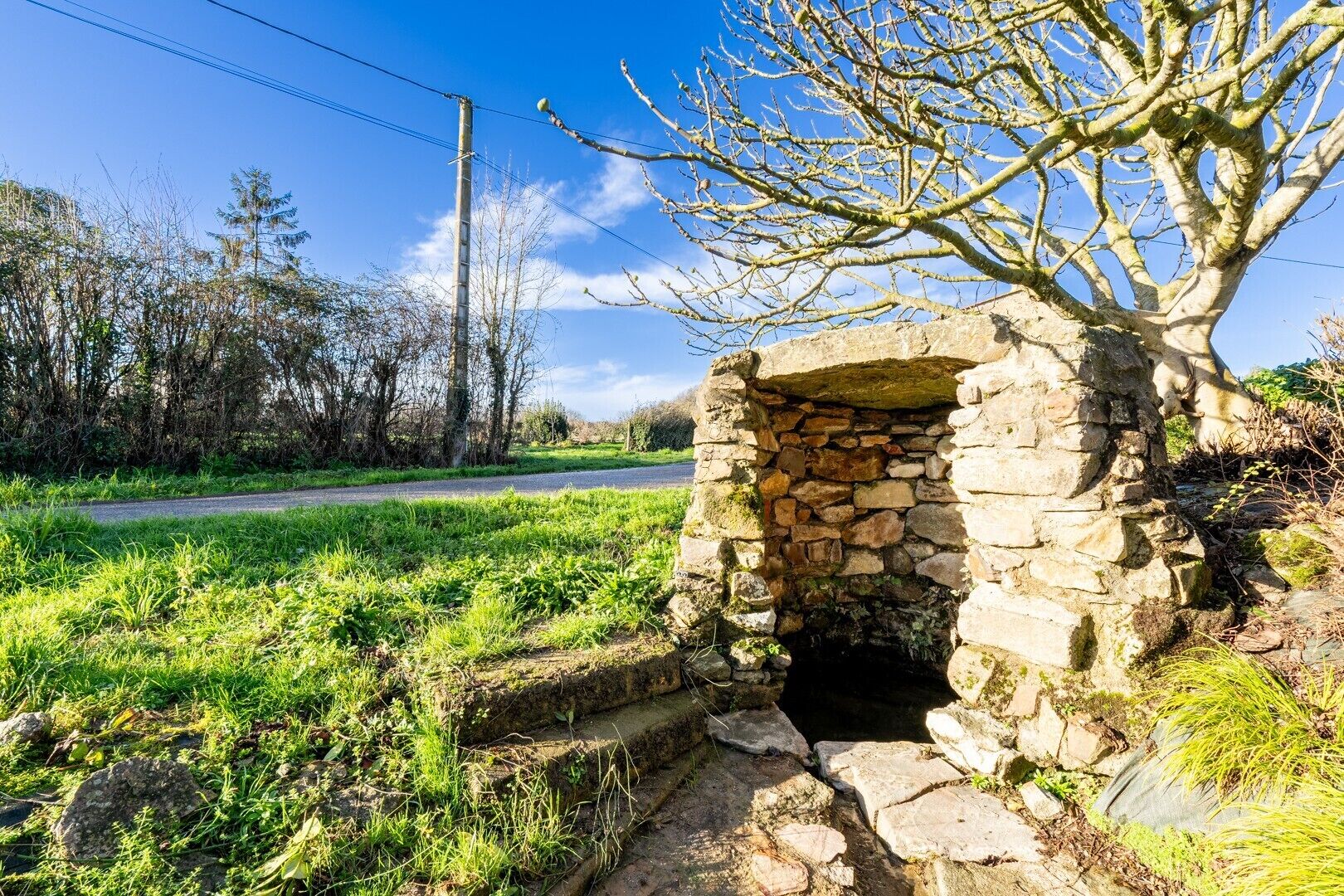 Une structure en pierre dotée d’une petite ouverture, entourée d’herbe et d’arbres.