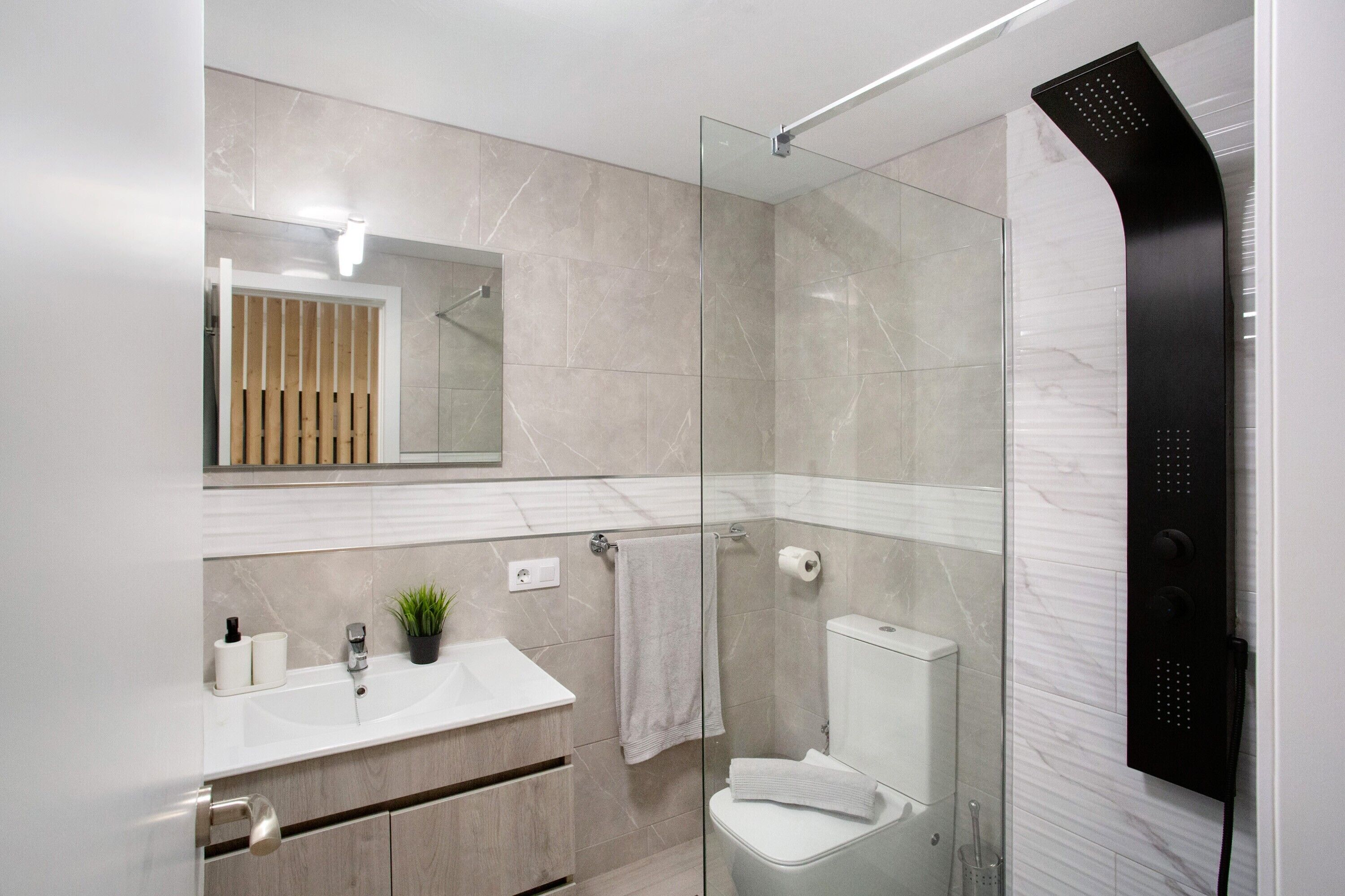 Shower, hair dryer, towels