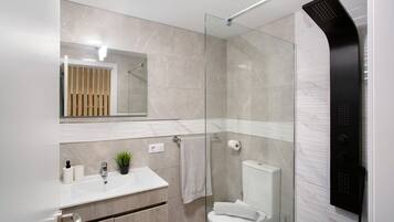 Shower, hair dryer, towels