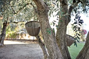 A tree with two wicker baskets hanging from its branches. - Holiday Apartment "La Taggiasca" with Sea View, Private Garden & Wi-Fi (Alassio)
