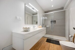 Shower, hair dryer, towels