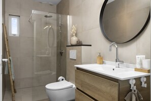 Shower, hair dryer, bidet, towels