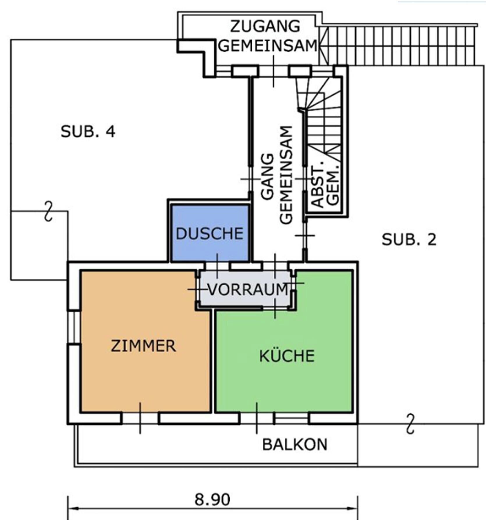 Plano de planta con habitaciones identificadas: una sala de estar (ZIMMER), una cocina (KÜCHE), un baño (VORRAUM) y una escalera (GANG).