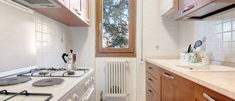 Een koelkast, een oven, een kookplaat, een koffiezetapparaat/waterkoker