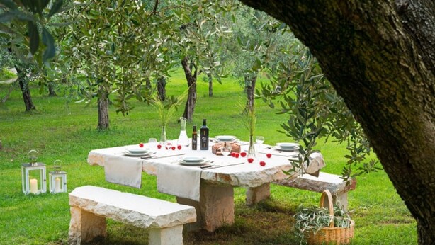 An outdoor dining setup with stone tables and benches, surrounded by olive trees. - Oleadei - Eolo Apartment with Mountain View, Wi-Fi, and Air Conditioning (San Felice del Benaco)
