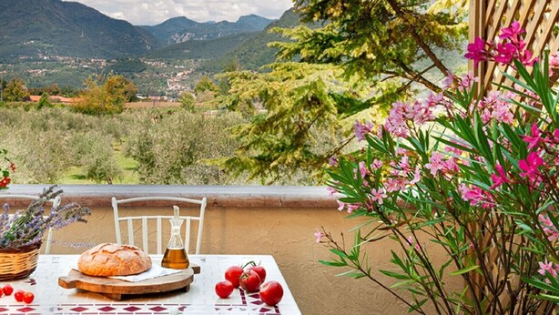 Ein Tisch mit Brot, Tomaten und einem Blumenkorb mit Blick auf eine schöne Landschaft.