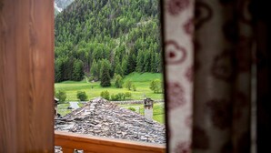 Une vue à travers une fenêtre avec un cadre en bois, un rideau à motifs et un paysage montagneux comprenant une zone boisée et un petit bâtiment.