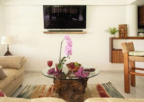 Smart TV, books, music library, stereo