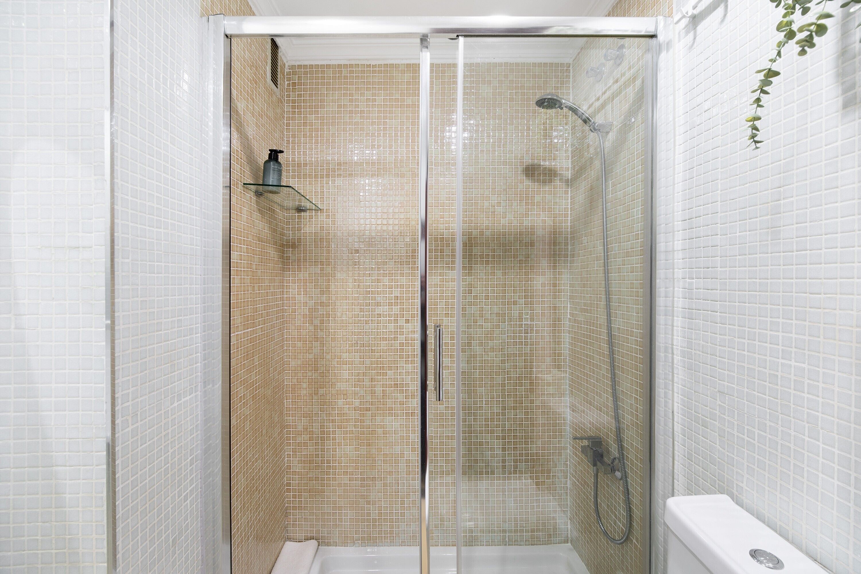 A glass-enclosed shower stall with a handheld showerhead and a handheld faucet.