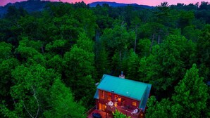 Eine Hütte, umgeben von dichtem Wald, mit einem begrünten Dach, einer Terrasse und einem Schornstein.