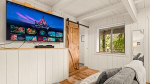 A cozy living room with a large flat-screen TV mounted on the wall displaying Disney channels. - Stylish Lakefront Cabin Retreat, Sauna/Hot tub & Cold Plunge (Gig Harbor)
