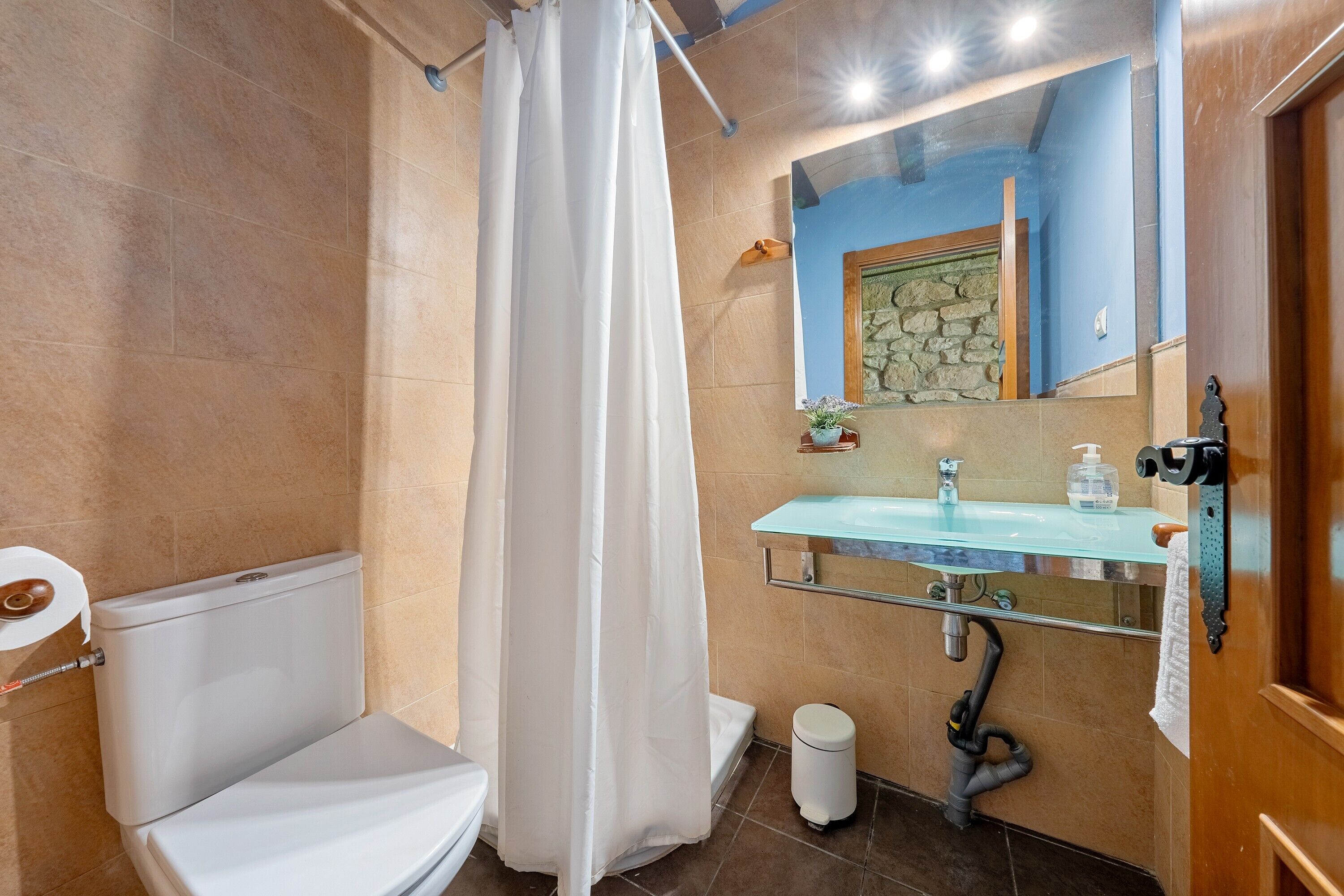 Une salle de bain équipée de toilettes, d’un rideau de douche, d’un lavabo et d’un miroir.