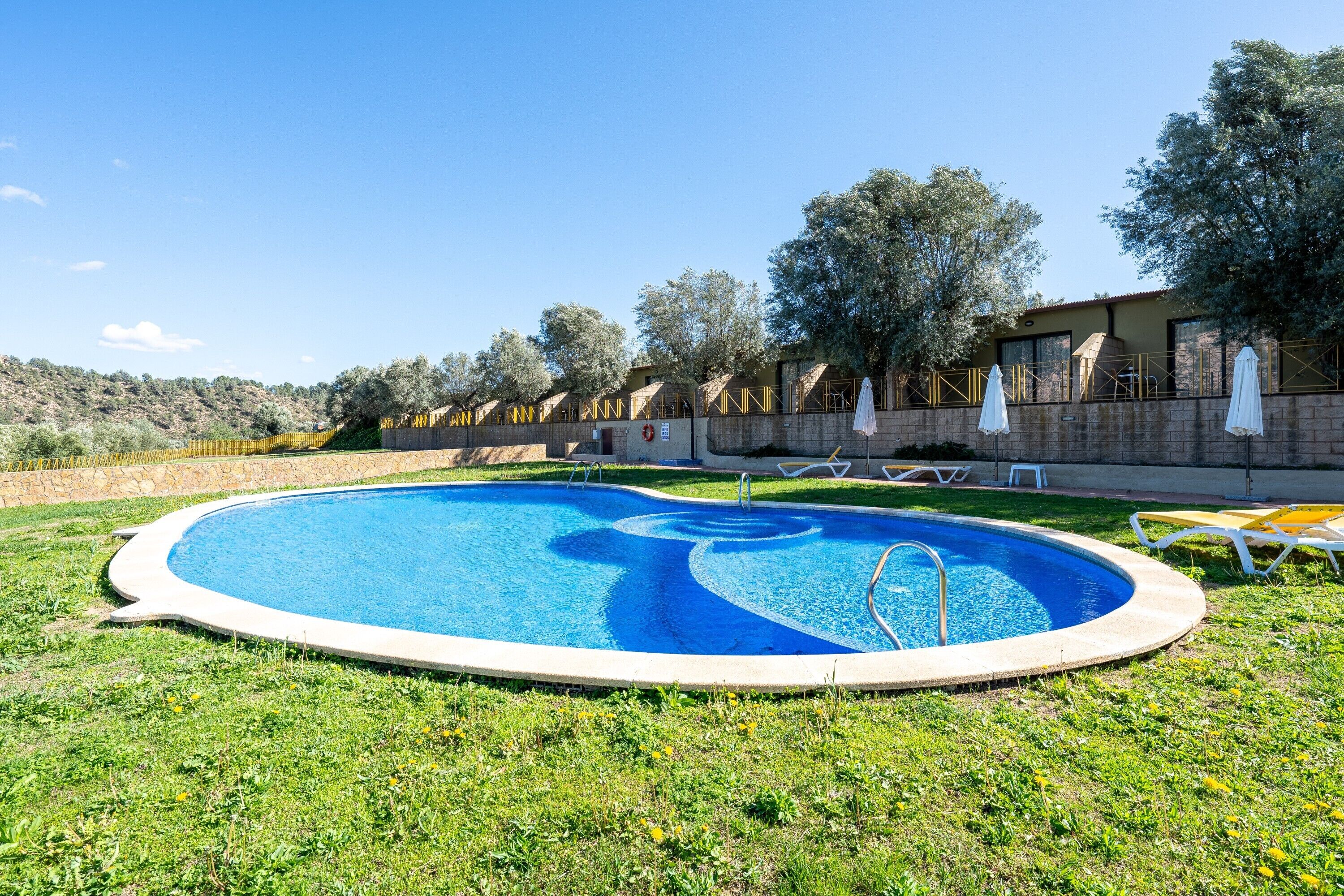 A swimming pool with a surrounding grassy area, a stone wall, and trees.