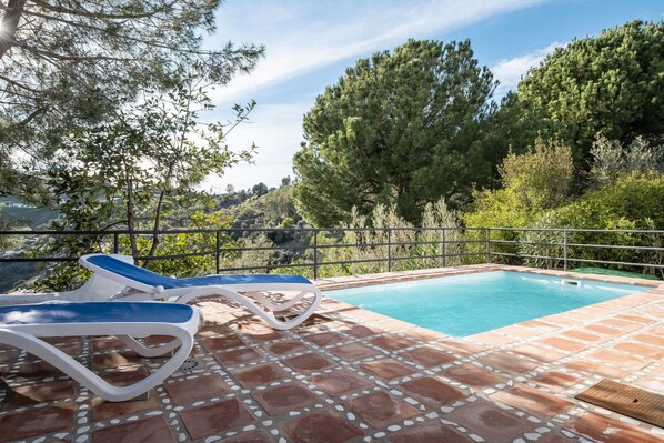 Una piscina con sillas de descanso, rodeada de árboles y un patio empinado.