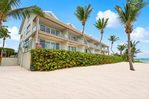Un hôtel à plusieurs étages doté de balcons, une plage bordée de palmiers et un ciel dégagé.