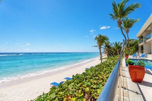 Une plage avec un ciel bleu dégagé, une rive sablonneuse et un espace piscine avec des chaises longues.
