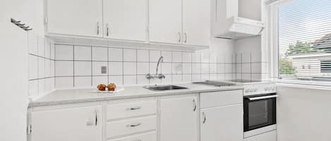 Fridge, oven, stovetop, coffee/tea maker