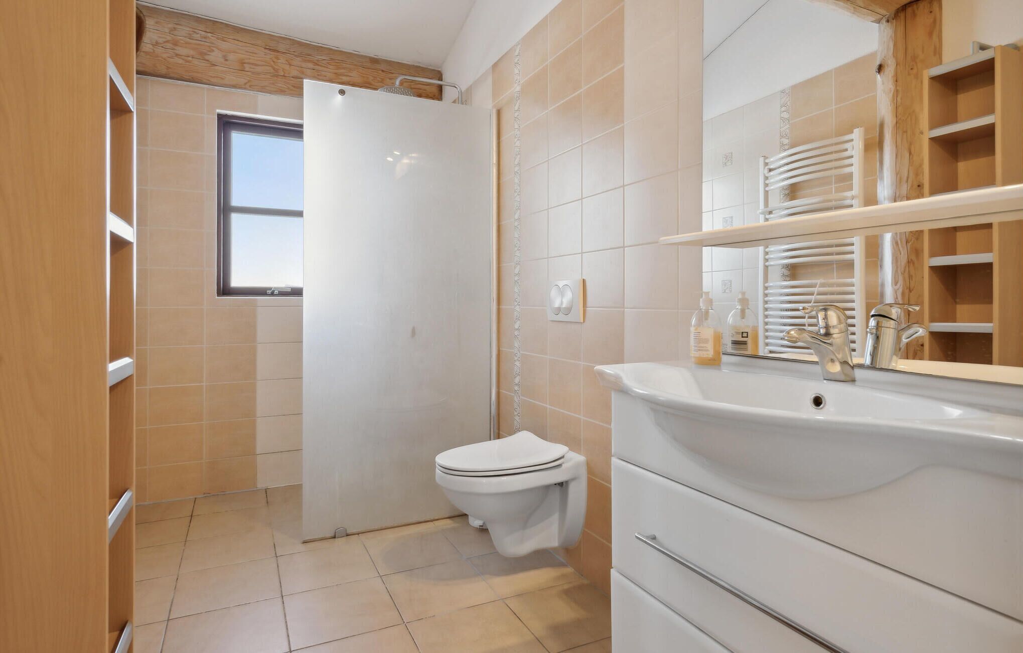 A bathroom with a toilet, sink, and mirror.