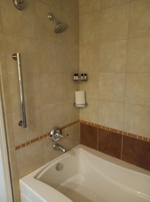 Hair dryer, towels, soap, shampoo