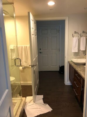 Hair dryer, towels, soap, shampoo