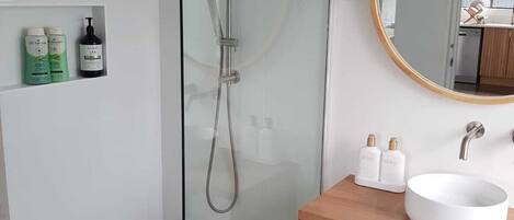 Douche, séchoir à cheveux, serviettes fournies, savon
