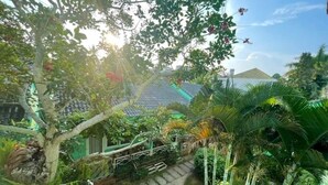 A garden pathway leading to a house with a tiled roof, surrounded by lush greenery and palm trees. - Phú Long Bungalow (Phu Quoc)