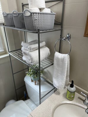 Secador de pelo, toallas, jabón, papel higiénico