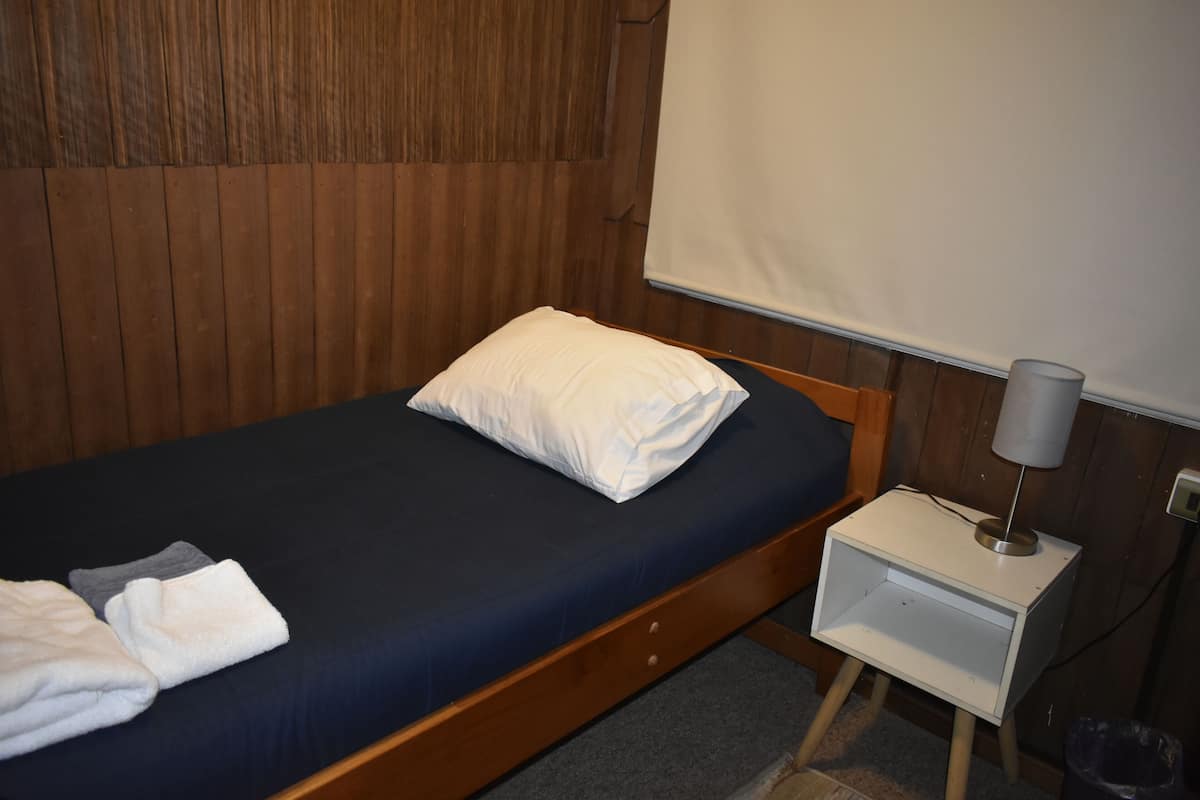 A single bed with a blue mattress and white pillow, a small bedside table with a lamp, and a wooden wall paneling.
