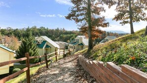 A pathway leading to a row of cabins with green roofs, surrounded by trees and a hilly landscape.