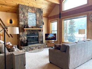 TV, fireplace, books, offices