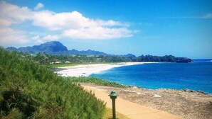 Eine Küstenlandschaft mit Strand, blauem Himmel und Bergen in der Ferne.