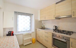 Frigorífico, placa de cocina y utensilios de cocina