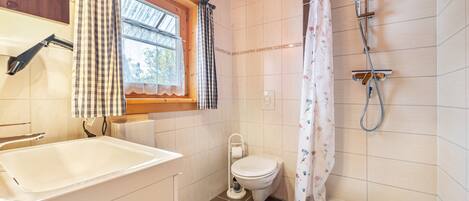 Ein Badezimmer mit Badewanne, Toilette und Dusche.