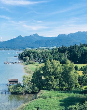 Vista de un lago con barcos, un muelle y una zona boscosa.