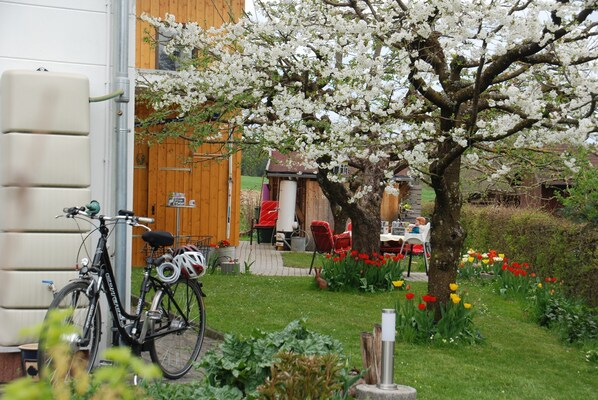 A garden with a bicycle, a wooden building, and a table with chairs.