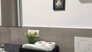 Shower, free toiletries, hair dryer, towels