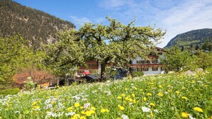 A building with a traditional architectural style, surrounded by a lush green field with various wildflowers. - Ferienwohnung Wiesenblick, für 3-4 Personen (Berchtesgaden)