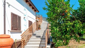 A staircase leading to a white building with wooden railings and a potted plant at the bottom. - Cozy home in San Marco Castellabate with WiFi (San Marco Castellabate)