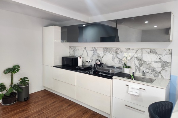 Fridge, microwave, stovetop, electric kettle