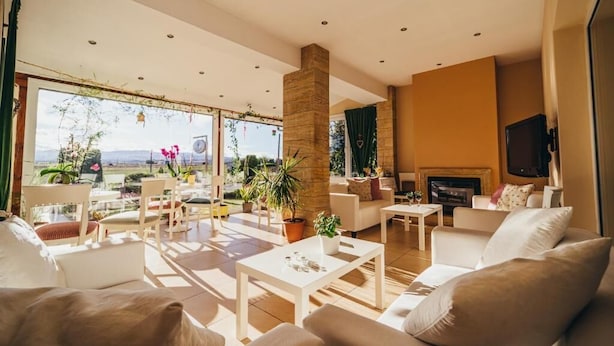 Un salon spacieux doté d’une cheminée, de sièges confortables et offrant une vue sur l’extérieur.