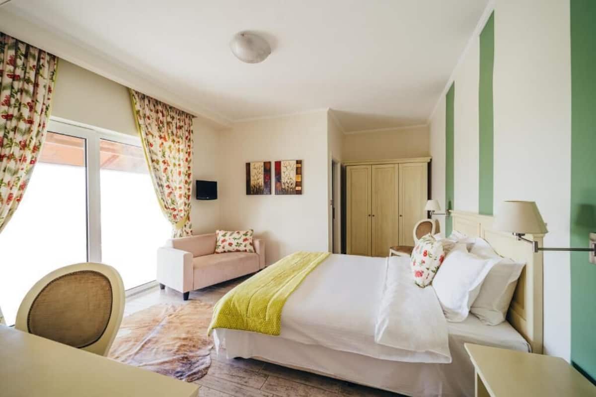 Une chambre d’hôtel comprenant un lit, un bureau, une chaise, un canapé et une armoire.