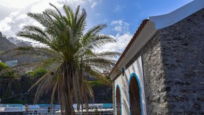 A building with arched doorways and a palm tree in front. - Paradise town with ocean pool, mountains, waterfalls, surfing, shops and bars.  (Ponta Delgada svc 2879-S Vicente)