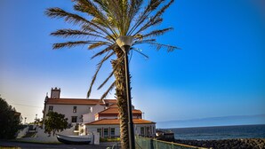 A coastal building with a red-tiled roof, a palm tree in the foreground, and a boat docked near the building. - Paradise town with ocean pool, mountains, waterfalls, surfing, shops and bars.  (Ponta Delgada svc 2879-S Vicente)