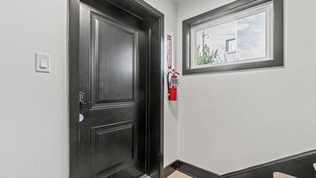 A hallway with a dark wooden door, a fire extinguisher mounted on the wall, and a window with a view of a building.