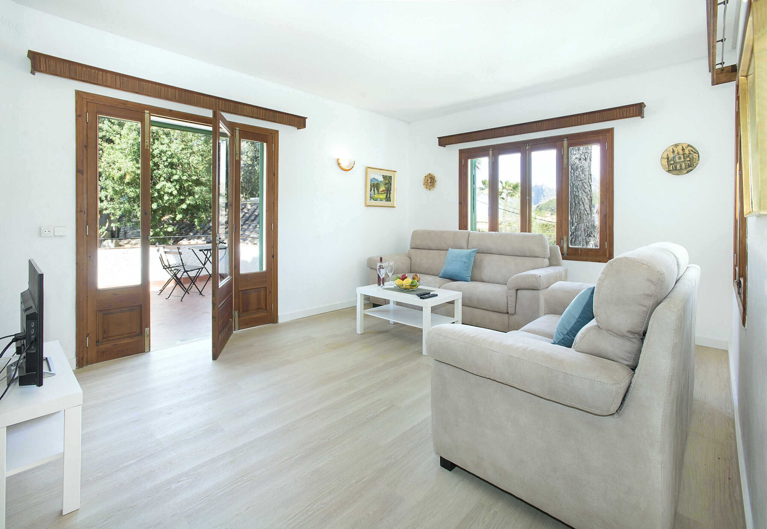 Una televisión, una chimenea, un reproductor de DVD