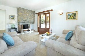 Televisión, chimenea, reproductor de DVD y tenis de mesa 