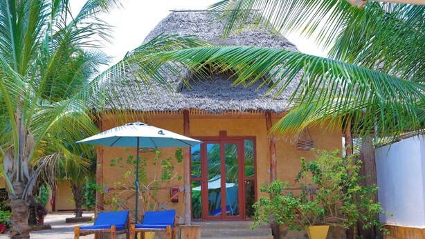 A resort with a pool, two blue lounge chairs, a thatched-roof building, and palm trees. - Palm Cultural Village (Paje)