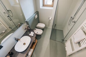 Shower, hair dryer, bidet, towels