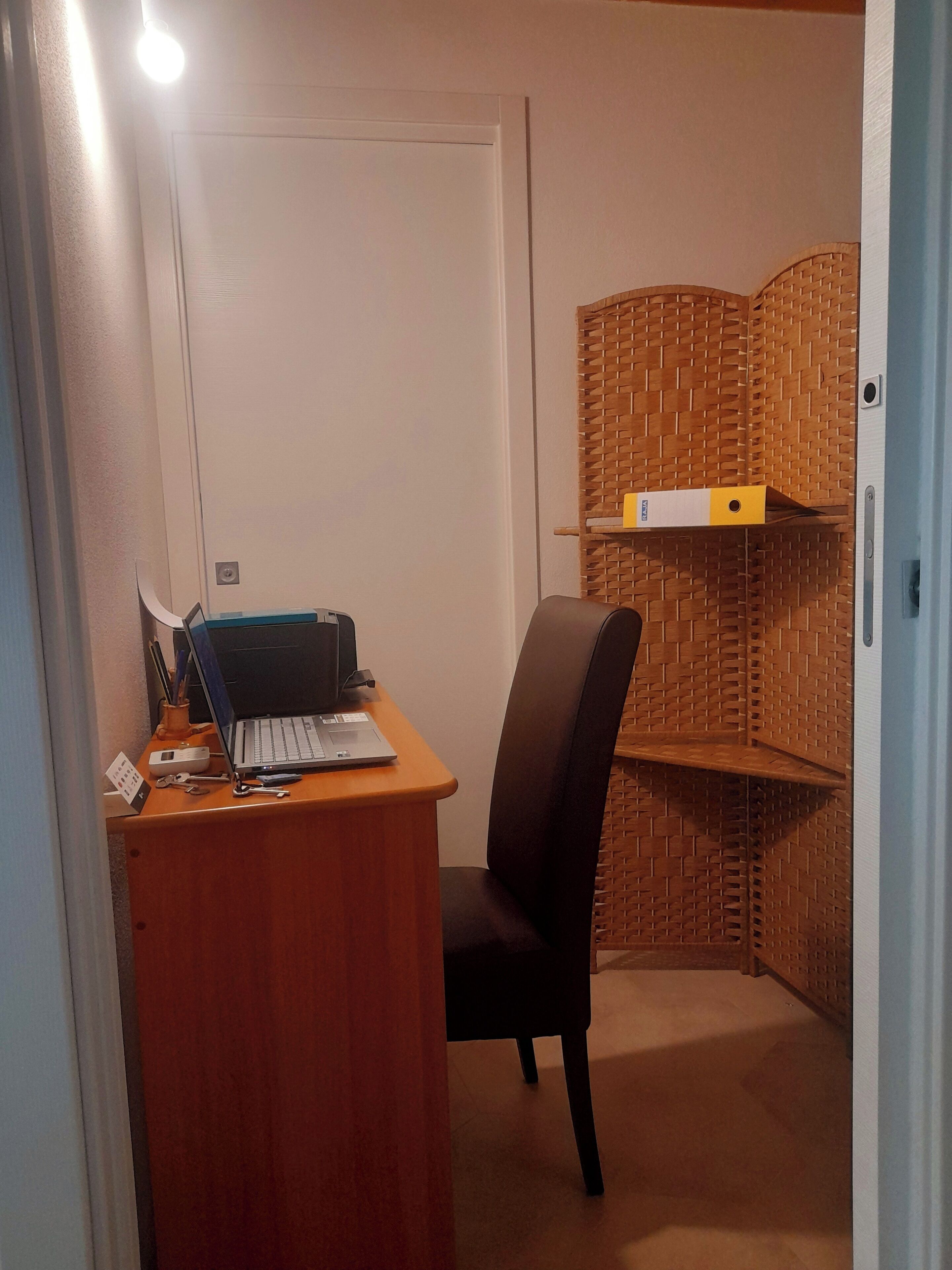 Ein kleiner Arbeitsraum mit Schreibtisch, Stuhl, Laptop und Aktenschrank.