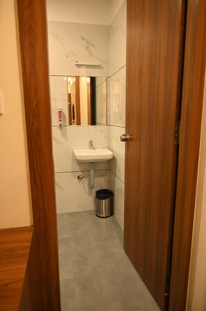 Dusj, regndusjhode, toalettartikler (inkludert) og bidé